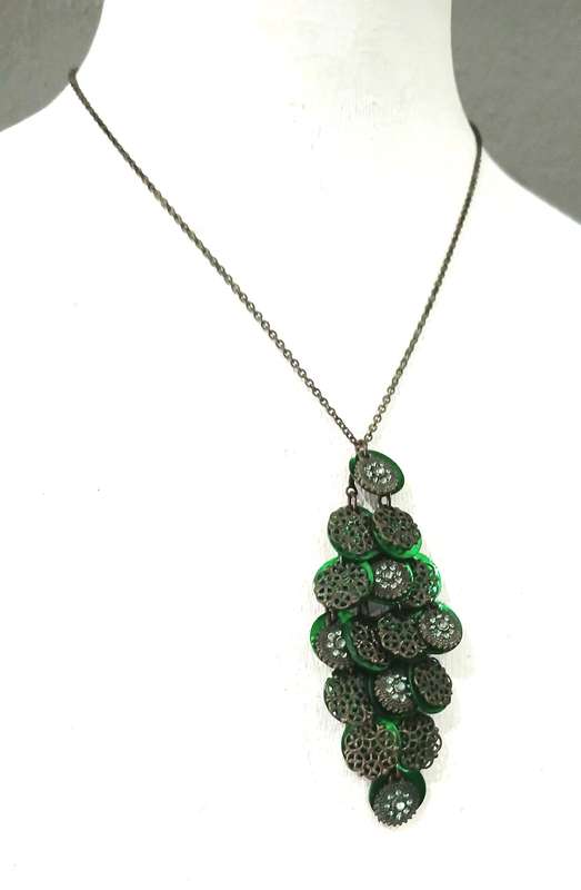 Avon Serbia Vanessa Necklace | Rare 1970s Collectible | Green Glass, Faux Shell & Brass