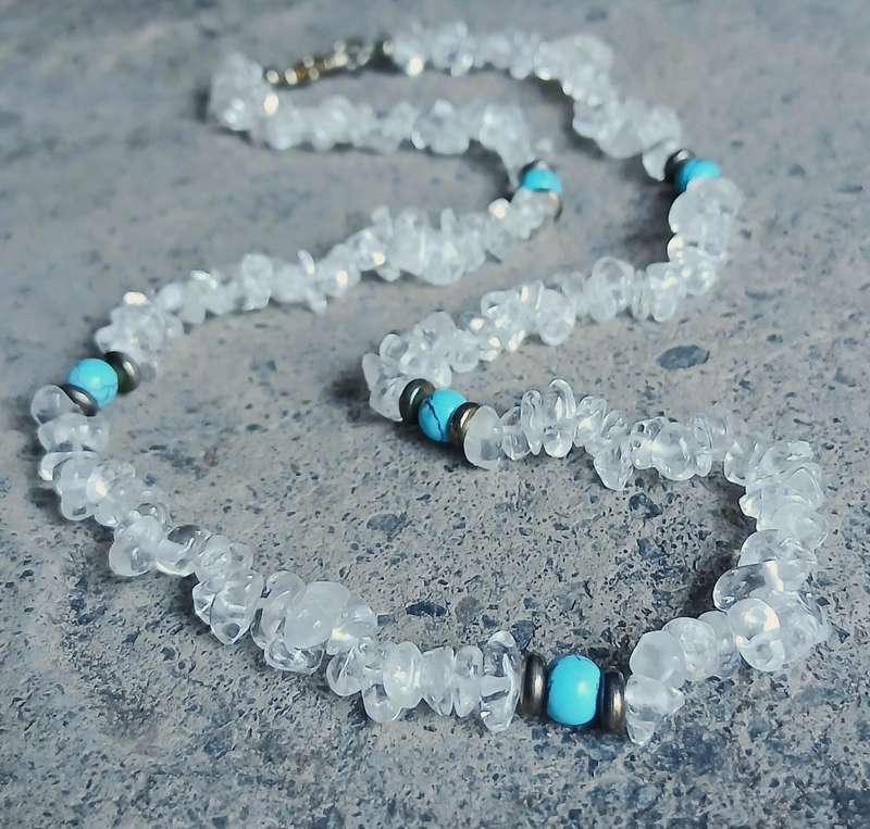 Vintage Clear Quartz & Turquoise Necklace | Genuine Gemstones | Brass Accents | 43cm