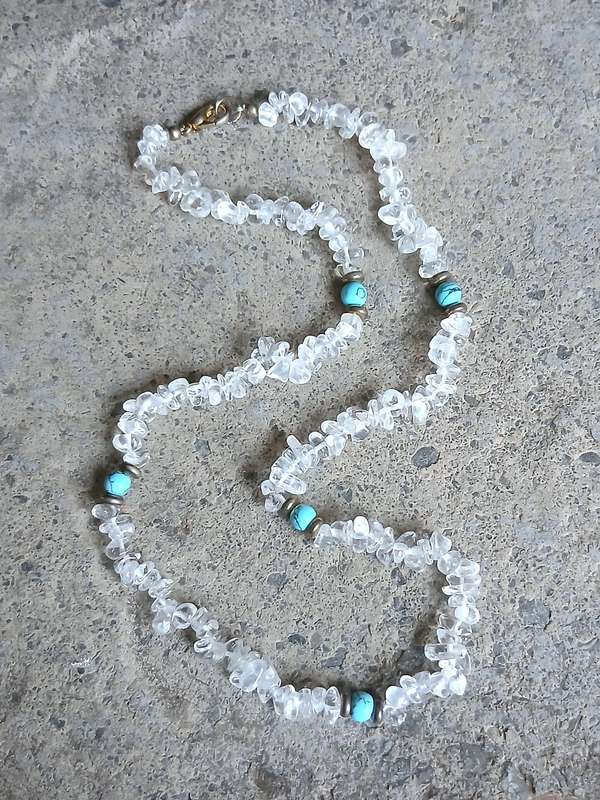 Vintage Clear Quartz & Turquoise Necklace | Genuine Gemstones | Brass Accents | 43cm
