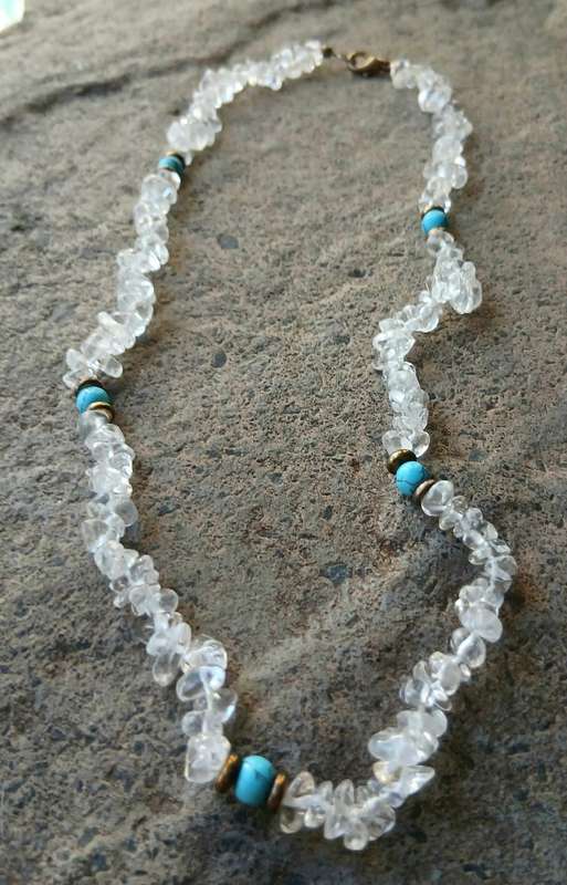 Vintage Clear Quartz & Turquoise Necklace | Genuine Gemstones | Brass Accents | 43cm