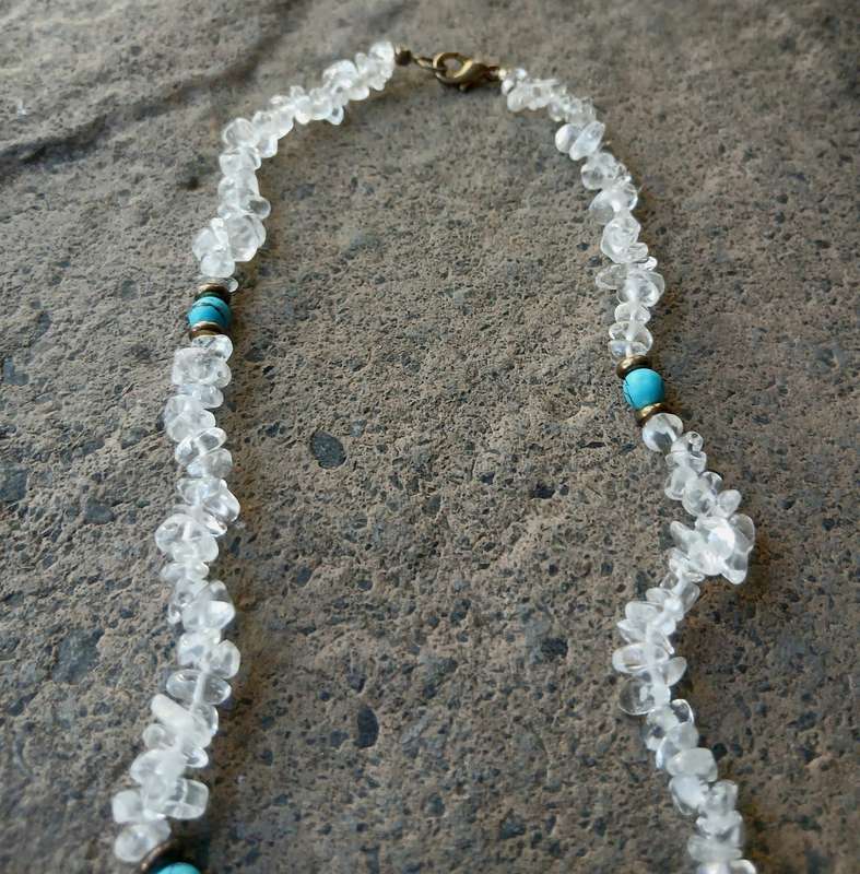 Vintage Clear Quartz & Turquoise Necklace | Genuine Gemstones | Brass Accents | 43cm