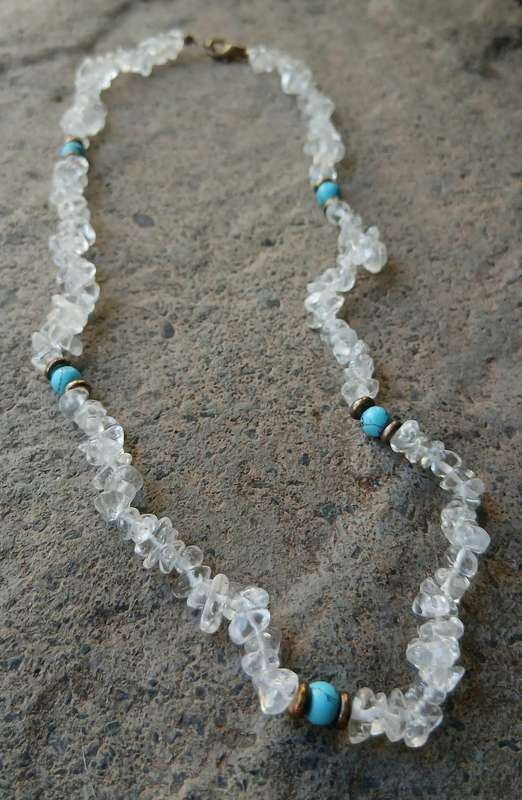 Vintage Clear Quartz & Turquoise Necklace | Genuine Gemstones | Brass Accents | 43cm