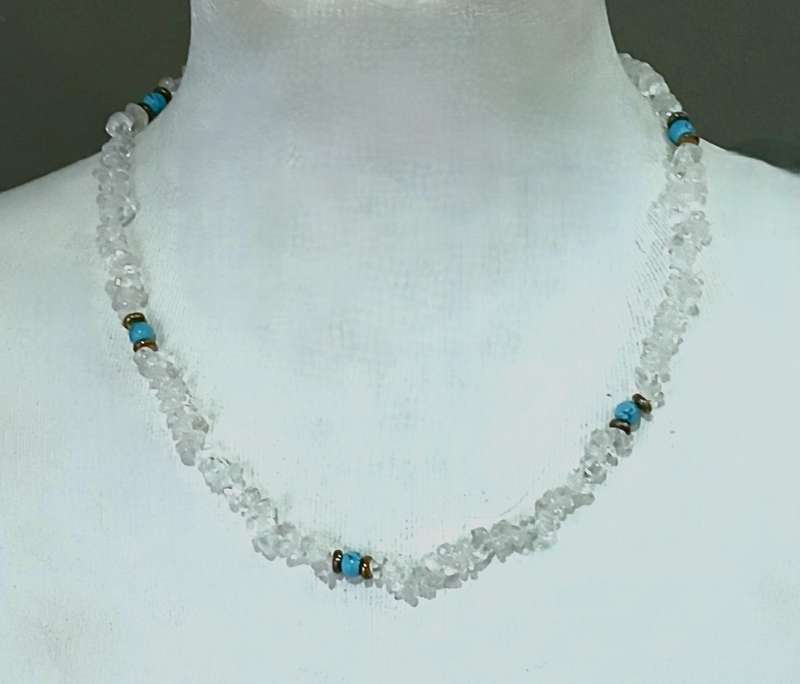 Vintage Clear Quartz & Turquoise Necklace | Genuine Gemstones | Brass Accents | 43cm