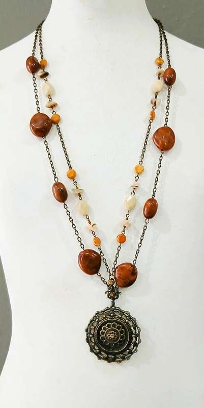 Vintage Boho Pendant Necklace | 1970s Earth-Tone Double Strand | Tribal Folk Revival Style