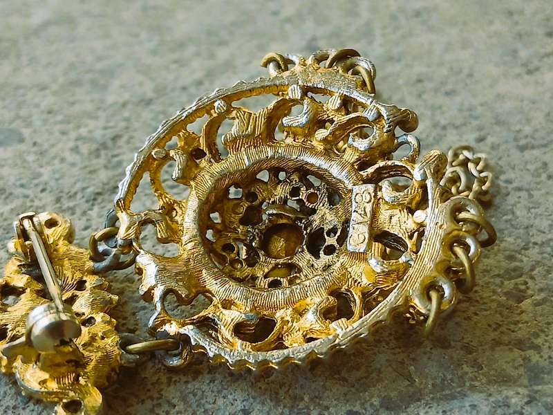 Vintage Gold-Tone Brooch | Victorian Revival with Ruby Crystal, Faux Pearls & Draped Chains | Signed