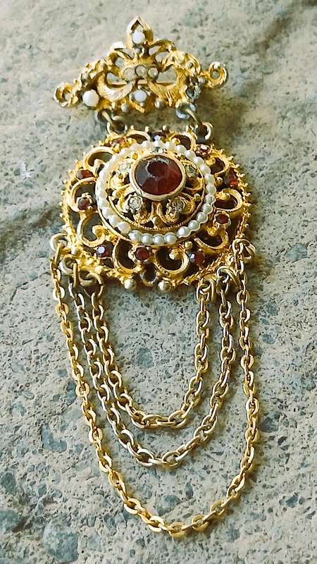 Vintage Gold-Tone Brooch | Victorian Revival with Ruby Crystal, Faux Pearls & Draped Chains | Signed