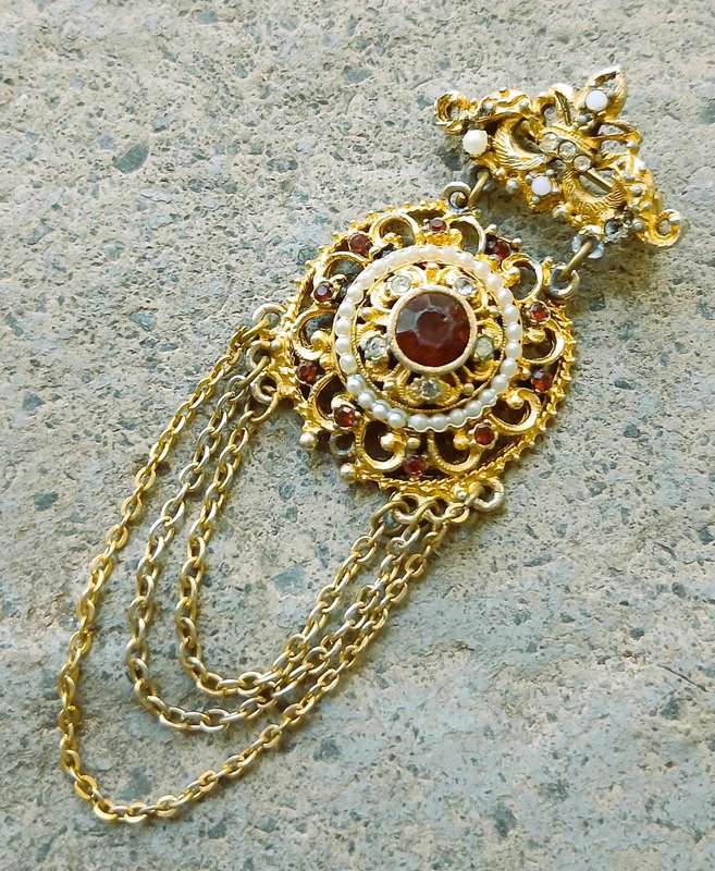 Vintage Gold-Tone Brooch | Victorian Revival with Ruby Crystal, Faux Pearls & Draped Chains | Signed