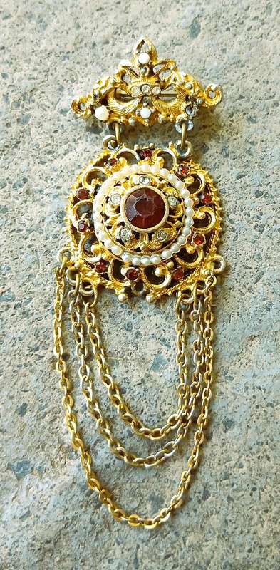 Vintage Gold-Tone Brooch | Victorian Revival with Ruby Crystal, Faux Pearls & Draped Chains | Signed