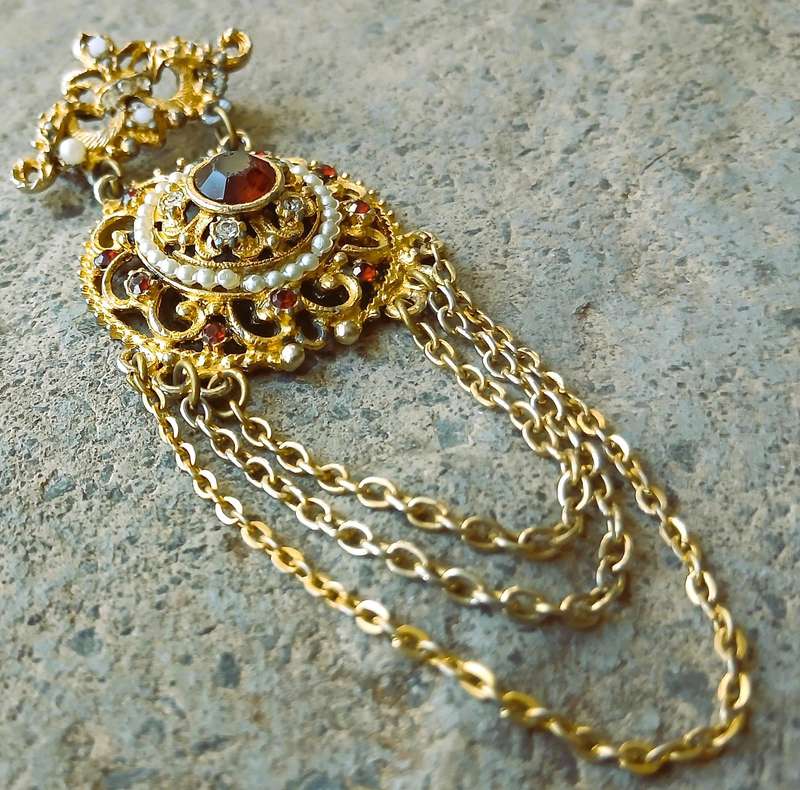 Vintage Gold-Tone Brooch | Victorian Revival with Ruby Crystal, Faux Pearls & Draped Chains | Signed