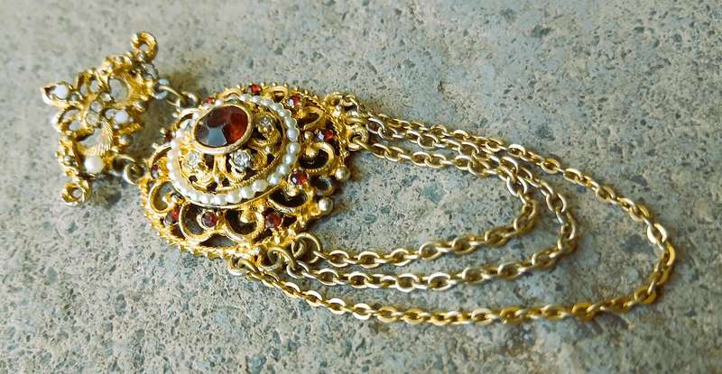 Vintage Gold-Tone Brooch | Victorian Revival with Ruby Crystal, Faux Pearls & Draped Chains | Signed