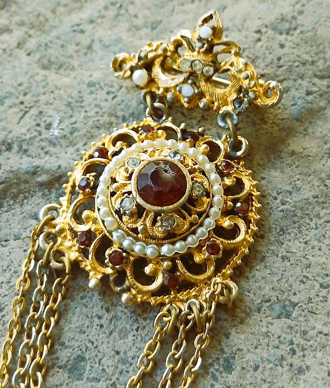 Vintage Gold-Tone Brooch | Victorian Revival with Ruby Crystal, Faux Pearls & Draped Chains | Signed