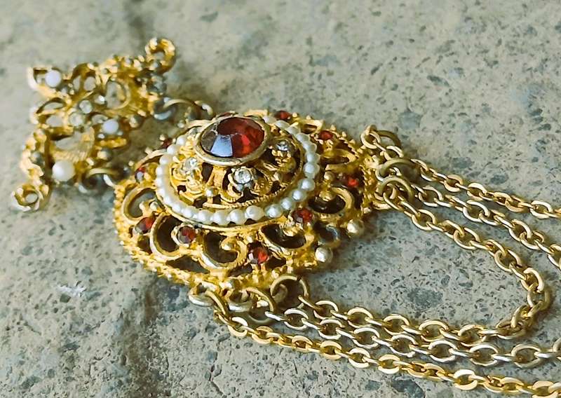 Vintage Gold-Tone Brooch | Victorian Revival with Ruby Crystal, Faux Pearls & Draped Chains | Signed