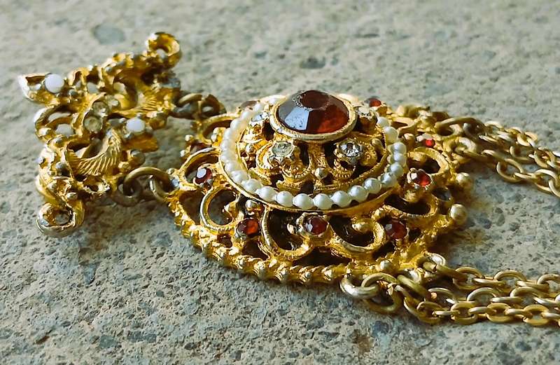Vintage Gold-Tone Brooch | Victorian Revival with Ruby Crystal, Faux Pearls & Draped Chains | Signed