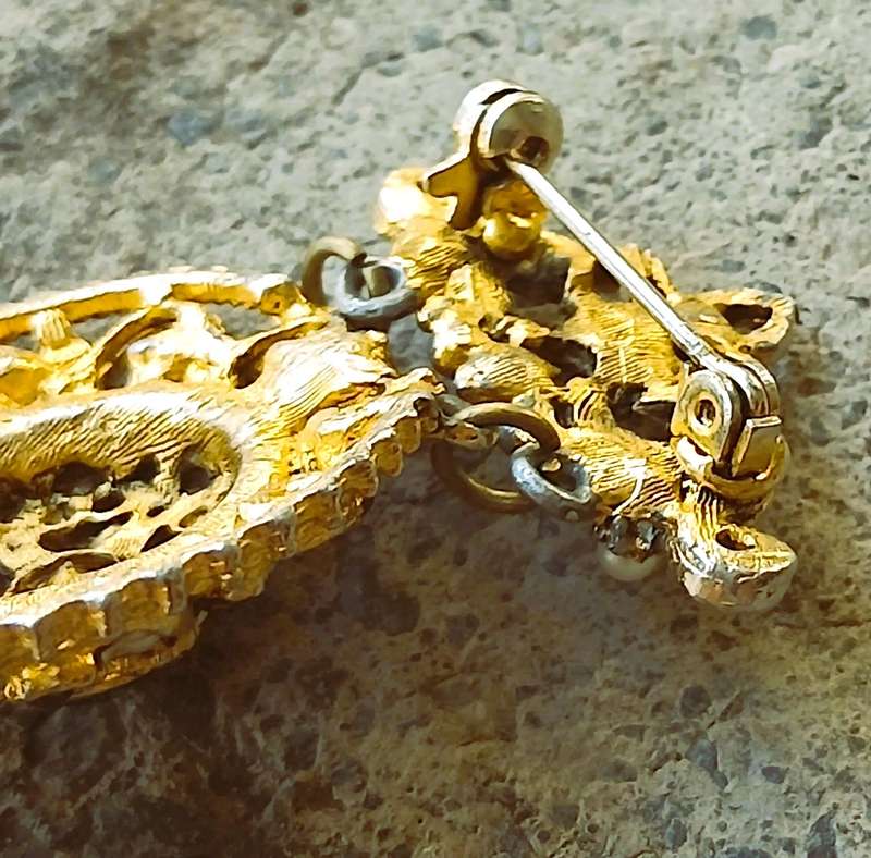 Vintage Gold-Tone Brooch | Victorian Revival with Ruby Crystal, Faux Pearls & Draped Chains | Signed