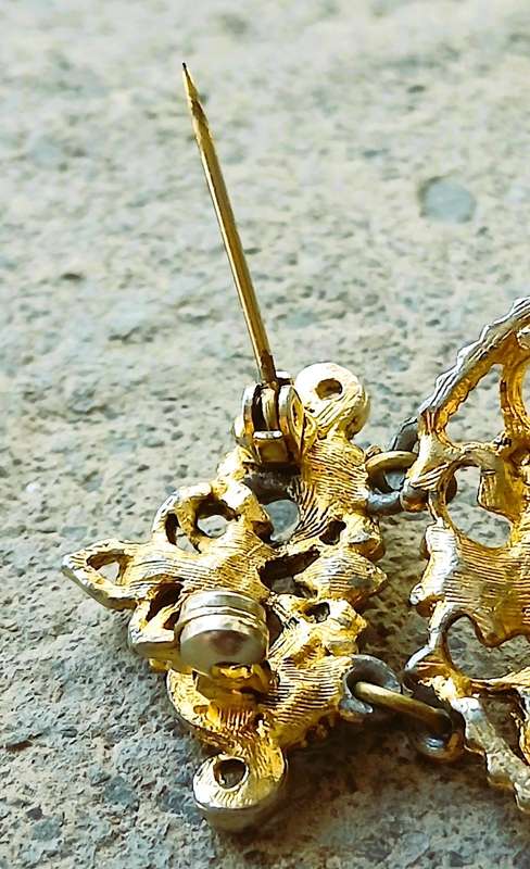 Vintage Gold-Tone Brooch | Victorian Revival with Ruby Crystal, Faux Pearls & Draped Chains | Signed