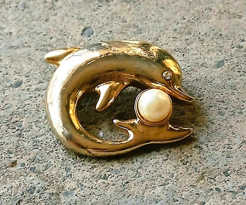 Vintage Gold Tone Brooch | Dolphin with Faux Pearl | Playful Mid-Century Design