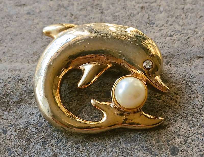 Vintage Gold Tone Brooch | Dolphin with Faux Pearl | Playful Mid-Century Design