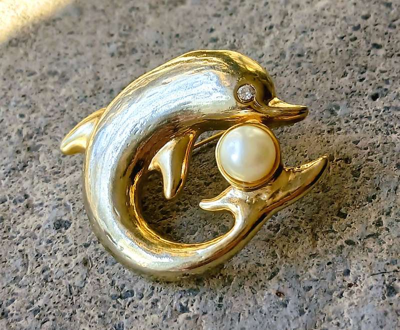 Vintage Gold Tone Brooch | Dolphin with Faux Pearl | Playful Mid-Century Design
