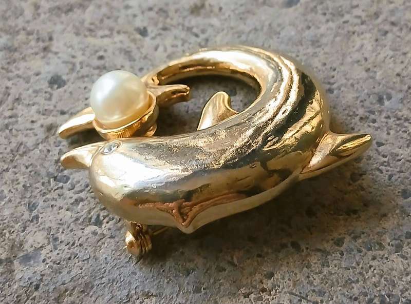 Vintage Gold Tone Brooch | Dolphin with Faux Pearl | Playful Mid-Century Design