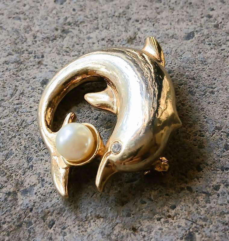 Vintage Gold Tone Brooch | Dolphin with Faux Pearl | Playful Mid-Century Design