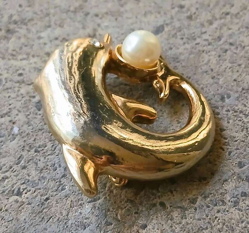 Vintage Gold Tone Brooch | Dolphin with Faux Pearl | Playful Mid-Century Design