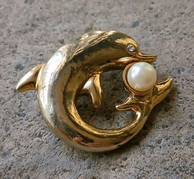 Vintage Gold Tone Brooch | Dolphin with Faux Pearl | Playful Mid-Century Design