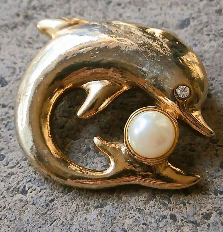 Vintage Gold Tone Brooch | Dolphin with Faux Pearl | Playful Mid-Century Design