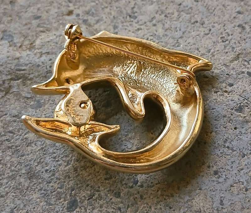 Vintage Gold Tone Brooch | Dolphin with Faux Pearl | Playful Mid-Century Design