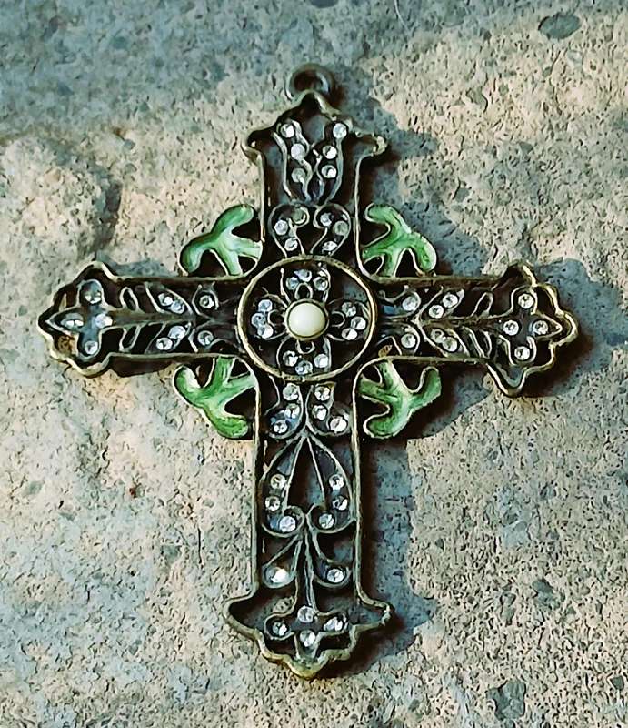 Vintage Brass Cross Pendant | Art Nouveau Style with Crystals, Enamel & Faux Howlite