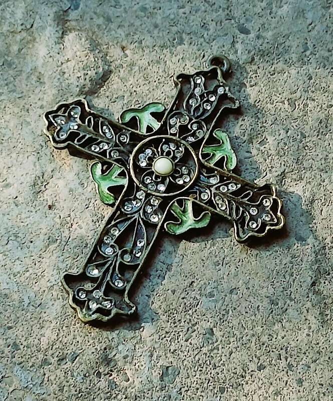 Vintage Brass Cross Pendant | Art Nouveau Style with Crystals, Enamel & Faux Howlite