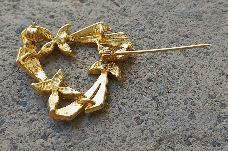 Vintage Gold Tone Brooch | Triangle Wreath with Floral Detail | Mid-Century Geometric Design