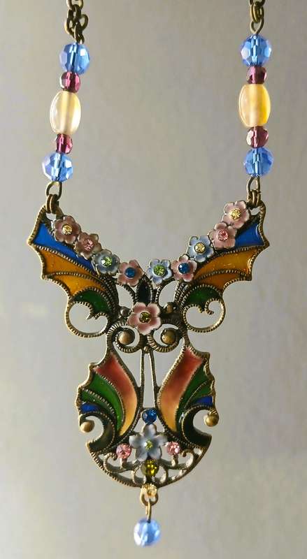 Vintage Plique-à-Jour Necklace | Victorian Revival with Gilt Metal, Enamel & Glass Beads