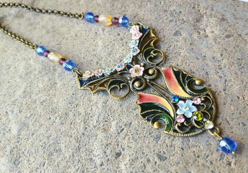Vintage Plique-à-Jour Necklace | Victorian Revival with Gilt Metal, Enamel & Glass Beads