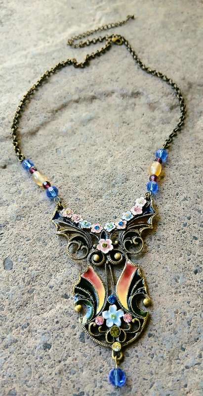 Vintage Plique-à-Jour Necklace | Victorian Revival with Gilt Metal, Enamel & Glass Beads