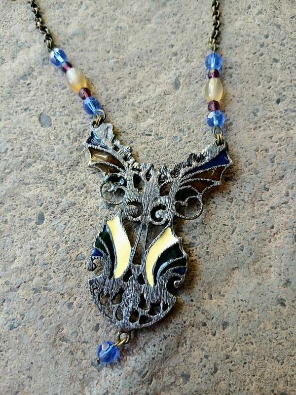 Vintage Plique-à-Jour Necklace | Victorian Revival with Gilt Metal, Enamel & Glass Beads