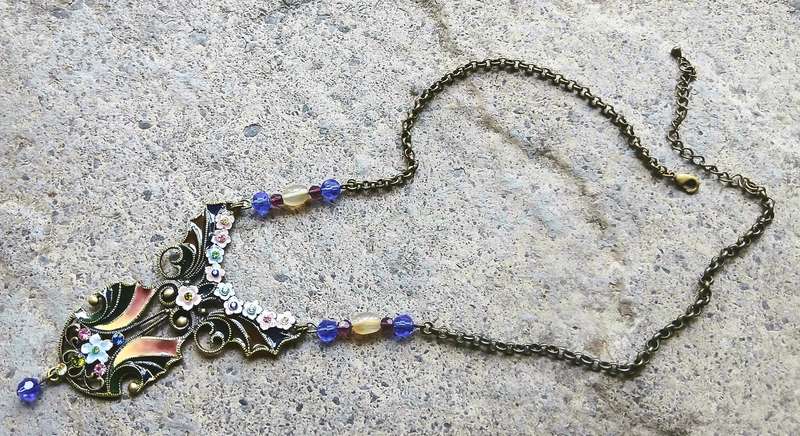 Vintage Plique-à-Jour Necklace | Victorian Revival with Gilt Metal, Enamel & Glass Beads