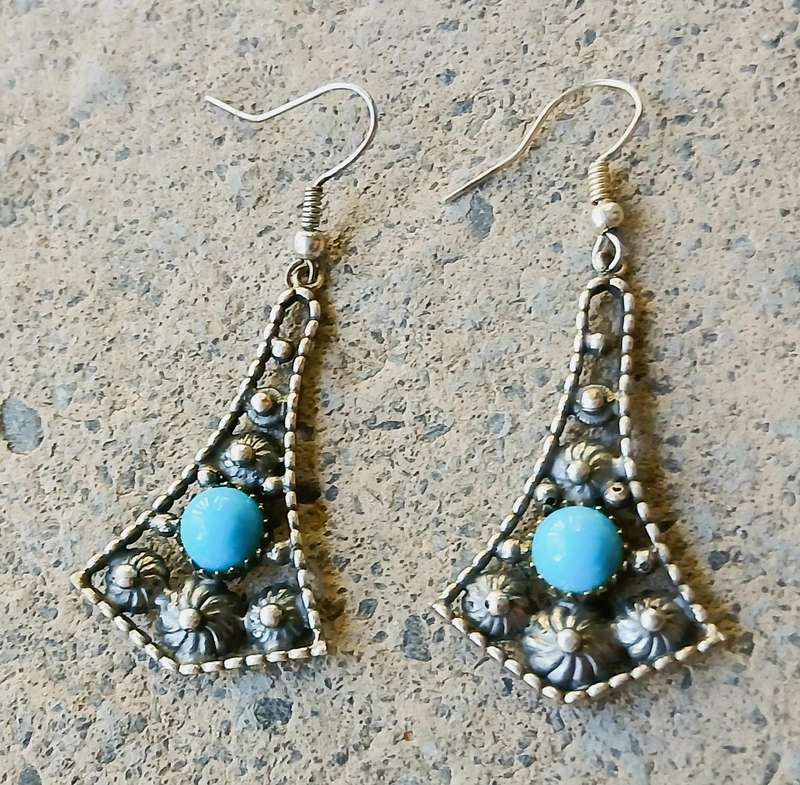 Vintage Drop Earrings | Silver Tone with Faux Turquoise Cabochons