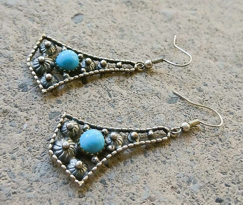 Vintage Drop Earrings | Silver Tone with Faux Turquoise Cabochons
