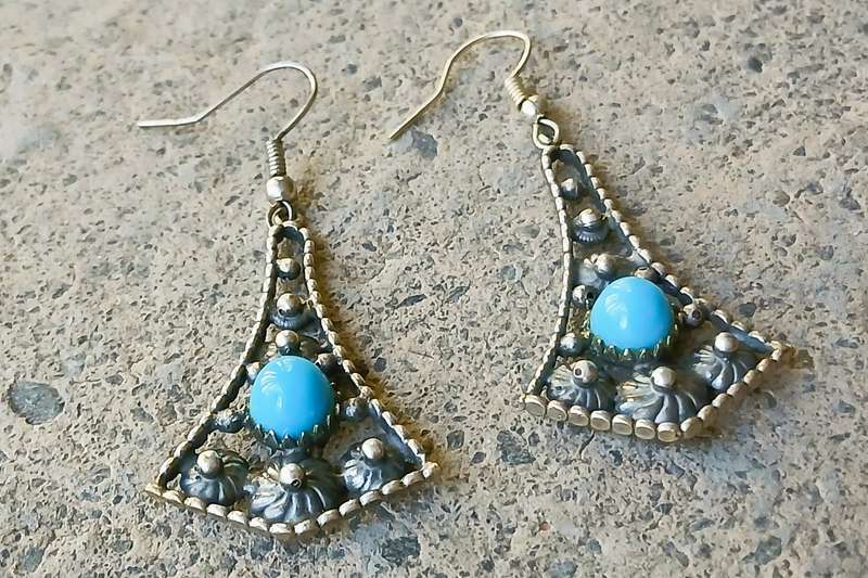 Vintage Drop Earrings | Silver Tone with Faux Turquoise Cabochons