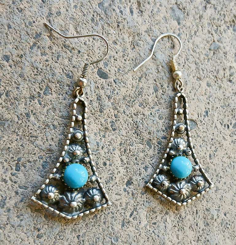 Vintage Drop Earrings | Silver Tone with Faux Turquoise Cabochons