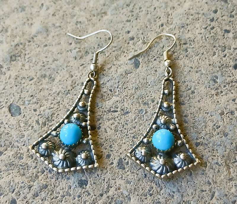 Vintage Drop Earrings | Silver Tone with Faux Turquoise Cabochons