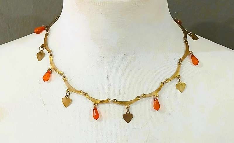 Vintage Gilt Metal Necklace | Heart Charms & Orange Glass Teardrops | Playful Mid-Century Charm