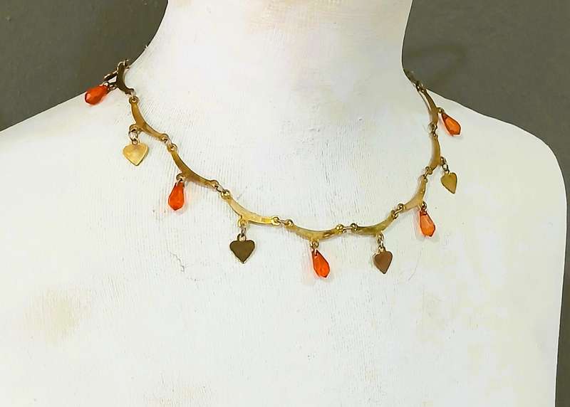 Vintage Gilt Metal Necklace | Heart Charms & Orange Glass Teardrops | Playful Mid-Century Charm