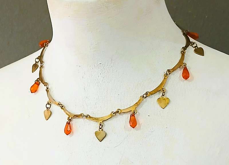 Vintage Gilt Metal Necklace | Heart Charms & Orange Glass Teardrops | Playful Mid-Century Charm