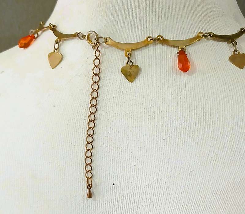 Vintage Gilt Metal Necklace | Heart Charms & Orange Glass Teardrops | Playful Mid-Century Charm