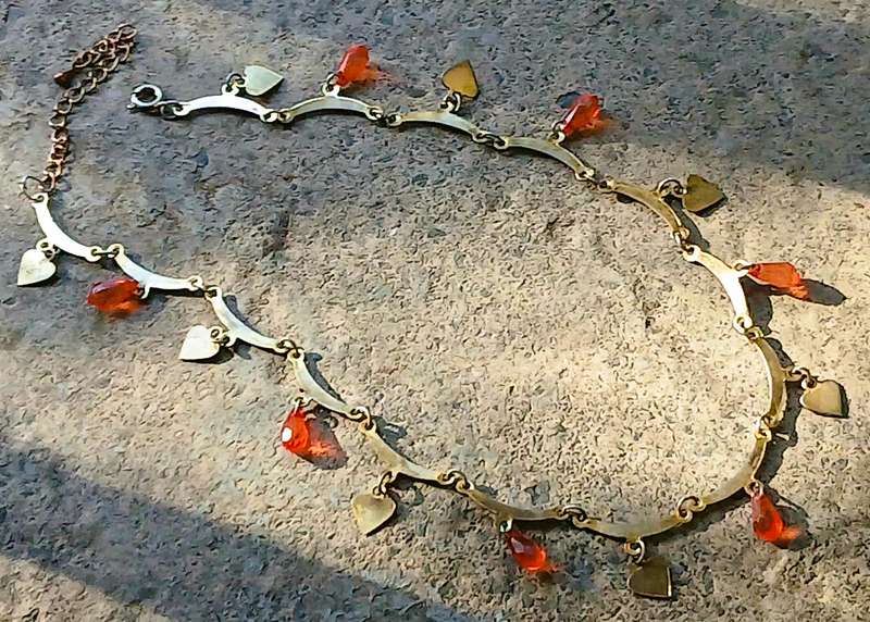 Vintage Gilt Metal Necklace | Heart Charms & Orange Glass Teardrops | Playful Mid-Century Charm