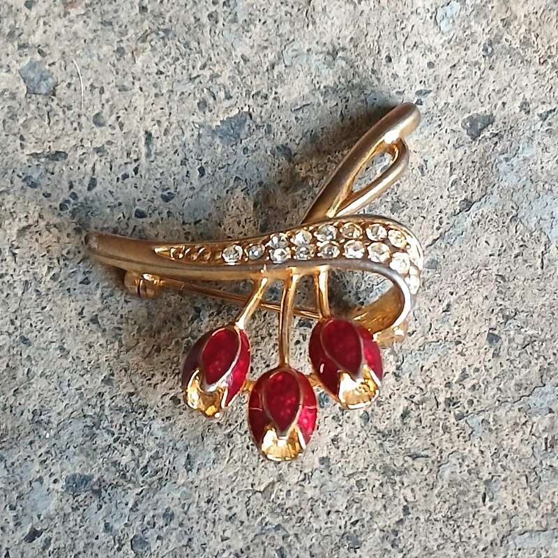 Vintage Gold-Tone Spray Brooch | Red Enamel Tulips & Pave Diamante Ribbon