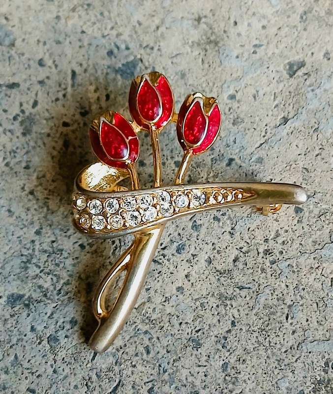 Vintage Gold-Tone Spray Brooch | Red Enamel Tulips & Pave Diamante Ribbon