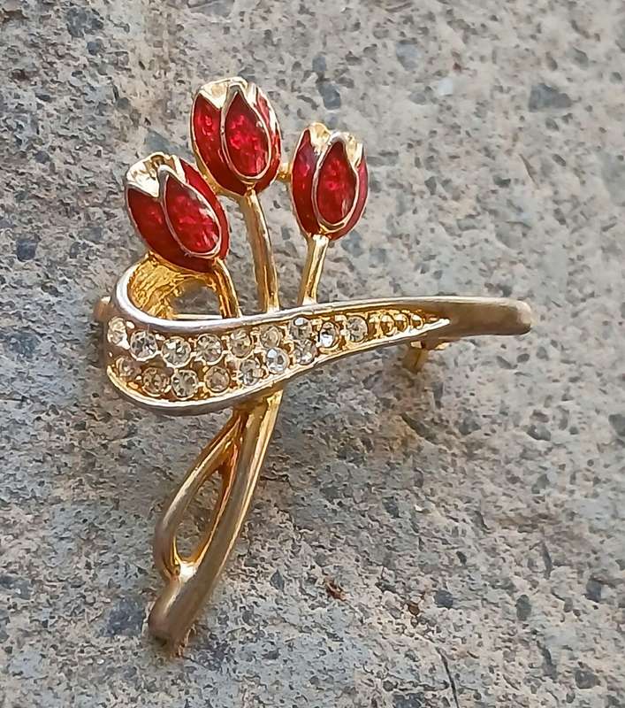 Vintage Gold-Tone Spray Brooch | Red Enamel Tulips & Pave Diamante Ribbon