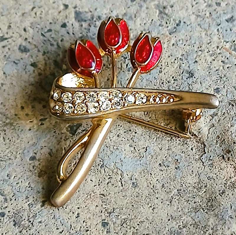 Vintage Gold-Tone Spray Brooch | Red Enamel Tulips & Pave Diamante Ribbon